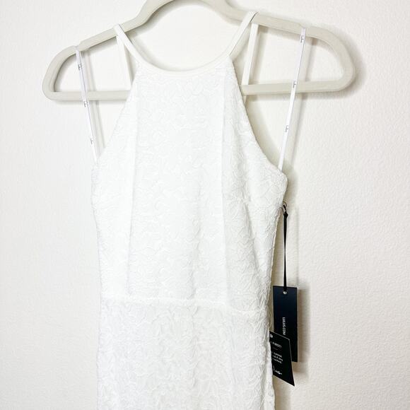LULUS NWT White Full Lace Lined Halter Open V-Neck Back Wedding Maxi Dress XS - Picture 6 of 12